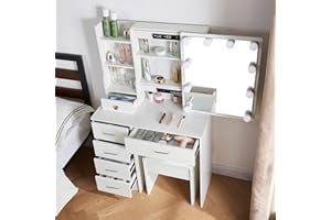 Buildonely Toaletka z oświetleniem i lustrem, toaletka z taboretem, toaletka z 6 szufladami, 3 temperatury barwowe i regulowana jasność, biała, 36 x 80 x 131 cm, SD19070114