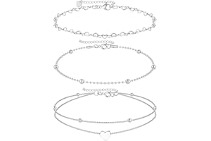 CASSIECA 3Pcs Stainless Steel Ankle Bracelets Set for Women Girls Silver Anklet Bead Heart Chain Ankle Bracelet Double Laye Anklet Heart Pendant Anklet Dainty Anklet Adjustable