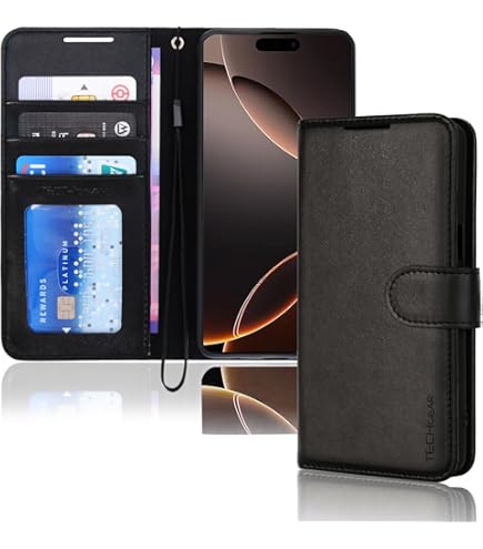 TECHGEAR IPhone 14 Pro Leather Wallet Case, Flip Protective Case Cover With Wallet Card Holder, Stand And Wrist Strap - Purple PU Leather With