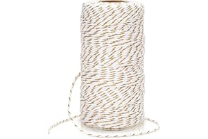 KINGLAKE Ficelle de Noel 2mm - 100M Corde Coton Blanc avec Fil Doré, Corde en Macramé pour Pâtisserie, Cuisine, Bricolage, Emballage Cadeau de Noël et Décoration