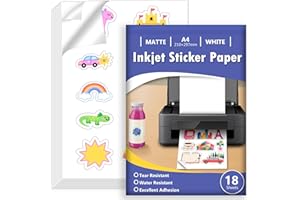 Euqvunn 18 Sheets Feuille Autocollante Imprimante A4, Blanc Mat Imperméable Vinyle Imprimable Papier Autocollant, Feuille Complète Autocollante pour Jet d’Encre, Séchage Rapide, 210x297mm