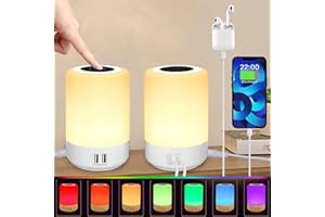 Taipow Lampada da Comodino, Abat Jour da Comodino con 4 Porte di Ricarica USB & 8 colori, Touch Dimmerabile Lampada da Tavolo LED per Camera da Letto Soggiorno Ufficio (2 pezzi)