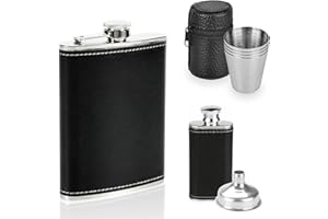 MITENING Flasque à Alcool Portable - 2 Pièces en Acier Inoxydable Avec 4 Tasses Et 1 Entonnoir, Cuir - Pour Voyage, Pêche, Camping Et Escalade