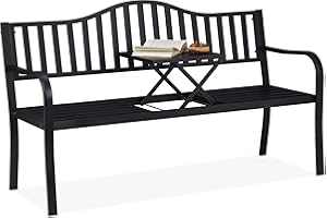Relaxdays Banco Mesa Plegable, 3 Plazas, Estable, Decoración Jardín Exterior, 89 x 150 x 58,5 cm, Negro, Acero, 1 Pieza