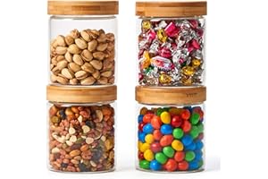 EZOWARE 4 Pcs Tarros de Almacenamiento Recipientes Organizador de Vidrio Borosilicato con Tapa Hermético de Madera Bambu y Aluminio para Cocina o Baño - 600ml