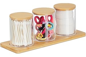 Relaxdays Pojemnik na patyczki higieniczne z tacą, 3 kubki z pokrywką, organizer na kosmetyki tworzywo sztuczne/bambus, przezroczysty/naturalny