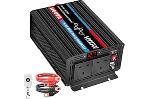 JIGUUN 1000W Pure Sine Wave Inverter 12V to 240V 230V car converter 2000W peak with LED Display,2 AC UK Outlets and 1 USB port-Wireless remote control-for RVs,trucks,camping,emergencies,etc.