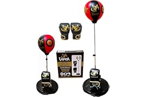 SAB MCR LTD Sab MCR Kids Junior Children's Free Standing Boxing Punch Bag Set, Speed Ball, Boxing Gloves Set, Adjustable Height, Round Base Red Black