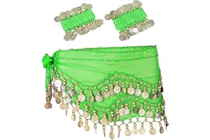 SAMHENG Bauchtanz Hüfttuch mit Armband, 128 Münzen Bauchtanz Rock Wrap Gürtel mit Handgelenk Knöchel Armbänder, Tanz Rock Gürtel Taille Kette für Bauchtanz, Zumba oder Yoga-Klasse, Performance-Kostüm