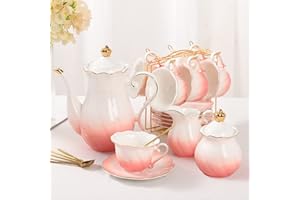 DUJUST 22 pcs Porcelain Tea Set for 6, Luxury British Style Tea/Coffee Cup Set with Golden Trim, Beautiful Tea Set for Women, Tea Party Set, Gift Package (with a Stand) - Gradient Pink