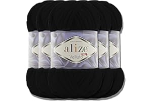 HOBBY YARN Alize Velluto - Lot de 5 pelotes de laine turque - 100 g chacune - Super Bulky - Pelote XXL - Pour Amigurumi - Douce - Laine bébé, pour crochet et tricot (Noir - 60)