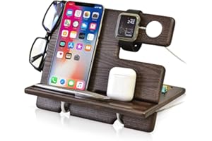 ‎TESLYAR Teslyar Drewniany stacja dokująca do telefonu, prezent świąteczny dla ojca, na rocznicę, urodziny dla mężczyzn, stojak na iPhone’a, Apple Watcha i AirPods