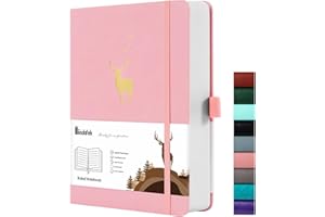 Wiisdatek Lined Journal Notebook, 312 Numbered Pages A5 Hardcover Notebook, 100gsm Thick Notepad, Leather Hardcover for Office Business Writing, 14.5 x 21cm -Pink