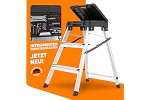 KIZO makes life easy Kizo, scala a pioli a 3 gradini [pieghevole] scala domestica – scala 2 in 1 e cassetta degli attrezzi – scala pieghevole, scala pieghevole a 3 livelli, scala in alluminio, scalett