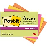 Post-it Super Sticky Notes, Large - Pack of 4 Pads, 45 Sheets per Pad (8" x 6") - Green, Pink, Yellow and Orange - Self Adhes