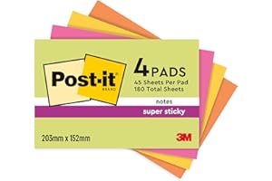Post-it Notas Super Sticky, Grandes - Paquete de 4 Blocs, 45 Hojas por Bloc (203 mm x 152 mm) - Colores Verde, Rosa, Amarillo y Naranja - Notas Autoadhesivas para Listas de Tareas y Recordatorios