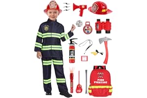 Geplaimir Feuerwehrmann Kostüm Set für Kinder Jungen Mädchen mit 14 Feuerwehrspielzeug Accessoires Wasser-Feuerlöscher Feuerwehrhelm Feuerwehr Spielzeug für Karneval Halloween Feuerheld 3-12 Jahre