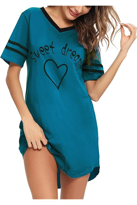 Marvmys 2-delige nachthemd voor dames, korte mouwen, katoenen sleepshirt, bedrukt slaapshirt, zomer T-shirt, slaaphemd, nachtkleding, slaapjurk, S