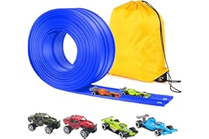 Kosmoflux Car Track 4M Flexible Racing Track with 4 Die-Cast Cars and Portable Storage Bag, Speed Track Race Car Toy for Loops, Jumps, Ramps, Indoor Outdoor STEM Gift for Boys Girls 3-8 Years (Blue)