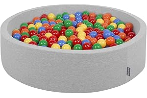 KiddyMoon Ball Pit, 120 x 30 cm / 300 Balls, Round, Large Ball Pool with Colourful Balls for Babies and Children, Light Grey: Yellow / Green / Blue / Red / Orange