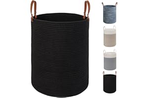 TOTANKI Panier de Rangement pour Linge X-Large - 15.7 Pouces(D) x 19.7 Pouces(H) -Panier tissé en Corde de Coton Pliable avec poignées en Cuir pour Ranger Les vêtements, Les Couches, Les Jouets(Noir)