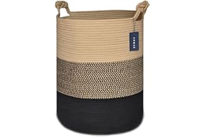 COMSE Extra Large Blanket Basket, Tall Woven Storage Basket, Nursery Hamper, 40 x 55 CM, Cotton Rope Laundry Hamper for Toys Clothes Towels, Brown/Black
