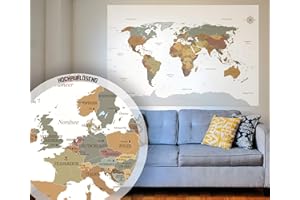 BilderKing Poster Weltkarte in weiß als XXL Wand-Poster in Deutsch 140x100 groß - Perfekte Großformat Deko für die Wand als Atlas Map Geograpfie Weltkugel mit Kompass