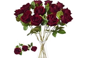 ‎KINISTY Kinisty 12 Bündel Künstliche Blumen Dunkelrot Fake Rosen, Plastikblumen Gefälschte Seidenrose wie Echt Kunstblumen für Innen Draußen Garten Balkon Deko