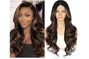 Sapphirewigs Highlight Dark Brown Lace Front Wig Synthetic Body Wave Balayage Kanekalon Futura Wig Party Date Daily Wear Natural Looking Wig 26inch
