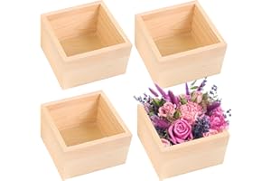 LEKEFETO Juego de 4 cajas de madera, 10 x 10 x 6 cm, cajas de almacenamiento cuadradas naturales para decoración, manualidades y joyas, cajas rústicas de madera maciza