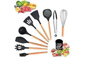 Ozvavzk Utensilios de Cocina, Kit Utensilios Cucharones de Silicona Cocina Madera Utensilios Kitchen Set, Resistente Al Calor para Hornear en la Cocina Juego de 11 Piezas Negro