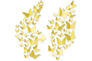 Stickers Muraux Papillon 3D, CAYUDEN 60pcs Autocollants Papillon Miroir Amovible DIY Papillon Décor 3 Tailles Sticker Papillon 3D Pour Chambre, Porte, Fenêtre, Mariage, Décoration De Fête (Or)