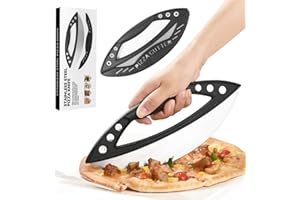 Foyucool Large Pizza Rocker Cutter with Protective Cover, 29cm Stainless Steel Slicer with 6 Holes Herb Stripper, Ergonomic Non-Slip Handle, for Cake, Bread, Herb Cutting
