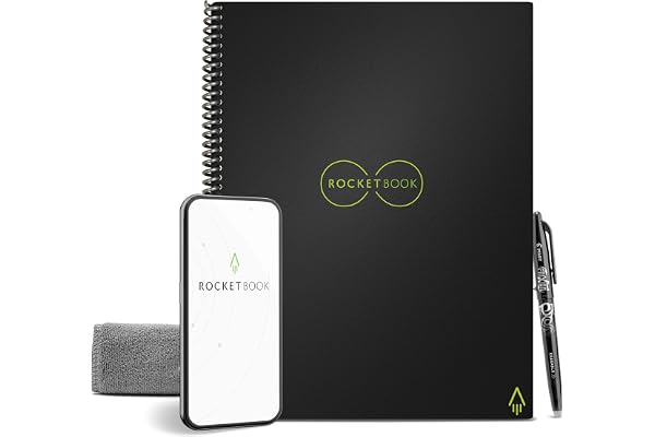 Rocketbook Core Cahier de Note Effacable - Réutilisable Bloc Note Numerique, Notebook A4 Noir Carnet Spirale Page Blanche à Pointillé, Stylo Effacables Pilot Frixion Inclus, Gadget Insolite Utile