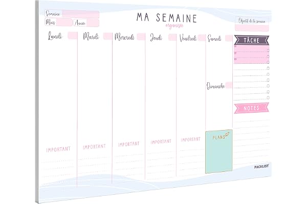PACKLIST® Planning Semaine A4 - Planificateur Hebdomadaire & Agenda Semainier Français. Weekly Planner Bloc Notes To Do List. Design pour S'organiser Facilement!