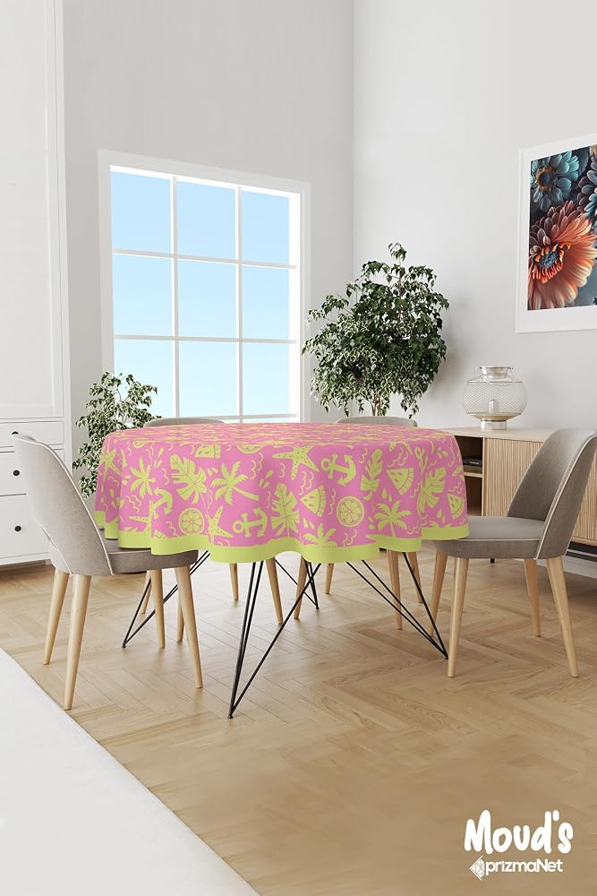 Pembe Sarı Palmiyeler Desenli Yuvarlak Süet Dertsiz Masa Örtüsü