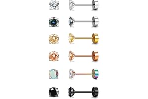 Diamday 6 paires de clous d'oreilles en acier inoxydable 20G pour femmes hommes filles Tragus CZ, dos plat, boucles d'oreilles à vis Helix, bijoux de piercing hypoallergéniques