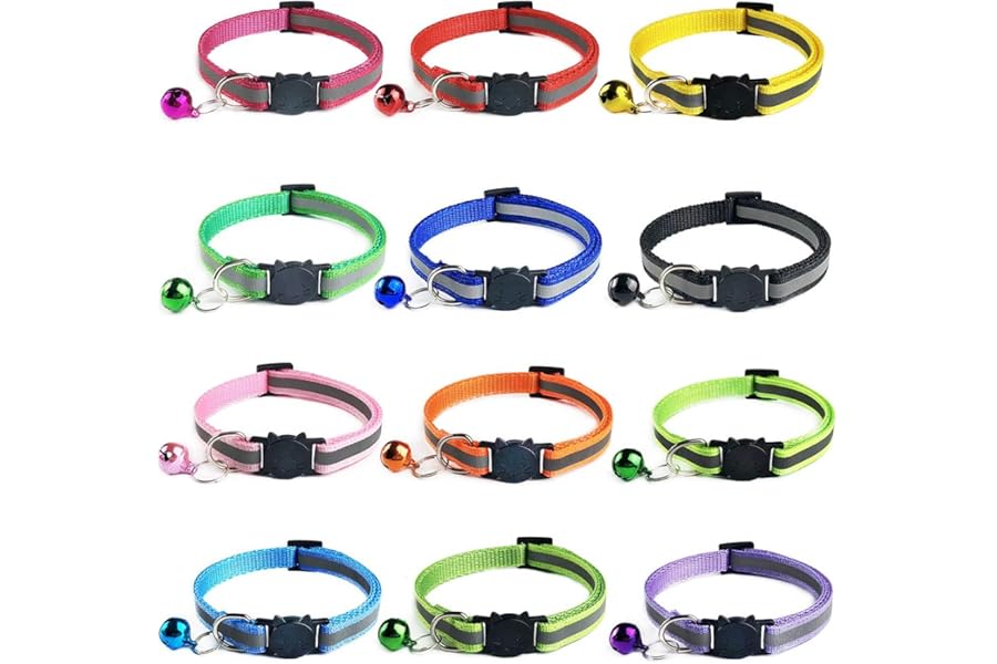 Tafeiya 12 PACK Reflective Cat Collars Quick Release Safety Buckle with Bell Adjustable19-32cm (Multi-colored)