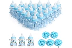 N&T NIETING Marry Acting 24pcs 3.5 Inch Feeding Bottle Candy Box with 5 Pcs Artificial Flower Rose for Baby Shower Favor Gift Decoration (Blue)