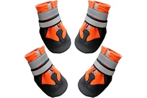 AMOMYDOG Scarpe per Cani, Set di 4 Stivali per Cani Impermeabile, Scarpe Cane con Cinturini Riflettenti e Suola Antiscivolo per Protezione le Zampe per Cani (XL, Arancione)