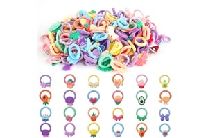 Förpackning med 200 färgglada hårsnoddar för flickor, elastiska hårband för | Hårband för flickor (frottéhårband och tumhårband), litet hårband för barn med rosetter, djur- och fruktmotiv