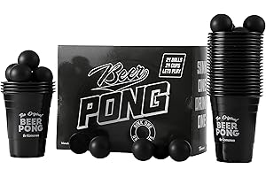 Komonee Beer Pong Set 48 PCS Blackout American Adult Indoor Novelty Party Drinking Game 24 Black Re-usable Printed Cups and 24 High Bounce ABS Balls