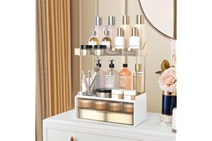 KJIXYUNG 2-poziomowy organizer do makijażu dla kobiet o dużej objętości – wielofunkcyjny organizer na toaletkę – duży organizer do pielęgnacji skóry o ekskluzywnym wzornictwie z bursztynem