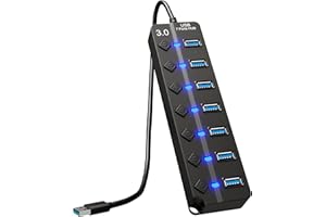 GLOBAL TECH 7-Port USB Hub 3.0 – Multi USB Port Hub with Individual Switches and Lights – USB Multiport Adapter Splitter – High-Speed USB Hub Extender for PC, Laptop, Macbook, Flash Drives, Mobile HDD