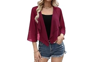 Aottori Cardigan Boléro Court Femme en Mousseline de Soie Gilet à Manches Évasées 3/4 Boléro Veste Elégant Chic pour Robe Bretelle Mariage