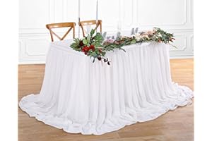QUEENDREAM White Table Skirt Chiffon 9FT Sheer Tablecloth for Birthday Party Sweetheart Cake Table Decoration Wedding Table Skirt 2 Layer