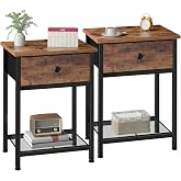 AMHANCIBLE Bedside Table, Side Tables Set of 2 with Fabric Drawer, Sofa Table with Storage Shelf, Nightstand with Metal Frame
