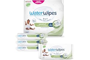 WaterWipes Sensitive+ Baby & Toddler Wipes, Chusteczki dla niemowląt i małych dzieci, 240 sztuk (4 opakowań), 3 w 1: delikatnie oczyszczają, pielęgnują, chronią, 99.9% wody, bezzapachowe