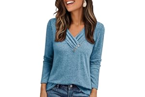 Cuptacc Pull Femme Col V Tee Shirt Manche Longue Femme Tunique Couleur Unie Longue Haut Chic Et Élégant Pulls Bouton Décoratif