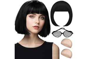 NATURAS BOUQUTIS Perücke Schwarz Damen, Perücken Fasching, Perrücke Frauen Kurz mit Haarnetz und Bunte Brille, Schwarze Bob Wigs Kurzhaarperücke Peruecken Damen Faschingsperücken für Karneval Cosplay Motto Party